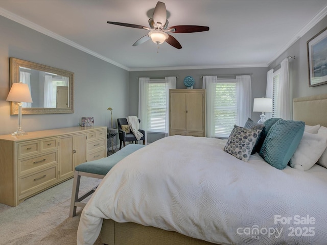 bedroom with ornamental molding, a ceiling fan, and light carpet