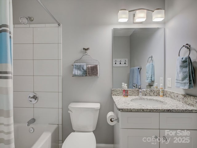 bathroom with toilet, vanity, and shower / bath combination with curtain