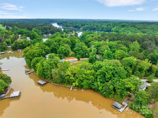 bird's eye view with a water view and a wooded view