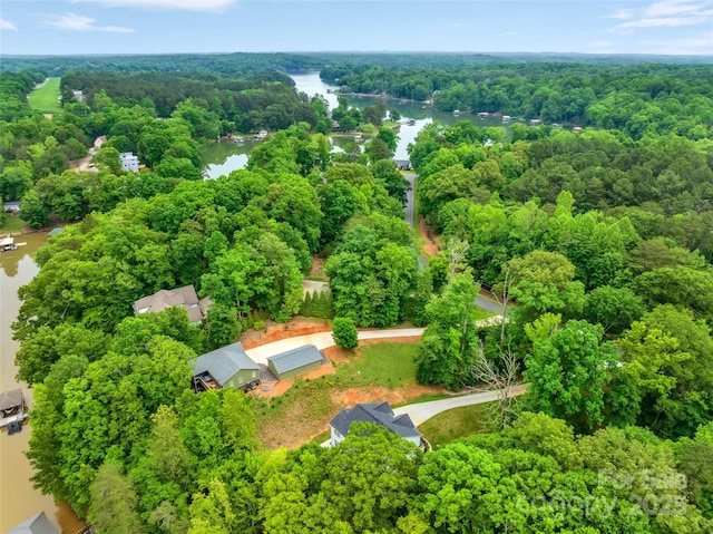 aerial view with a water view and a view of trees