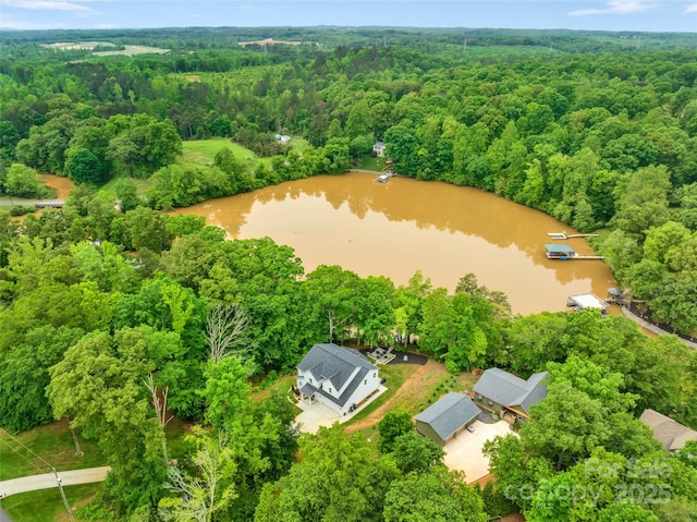 aerial view featuring a water view and a view of trees