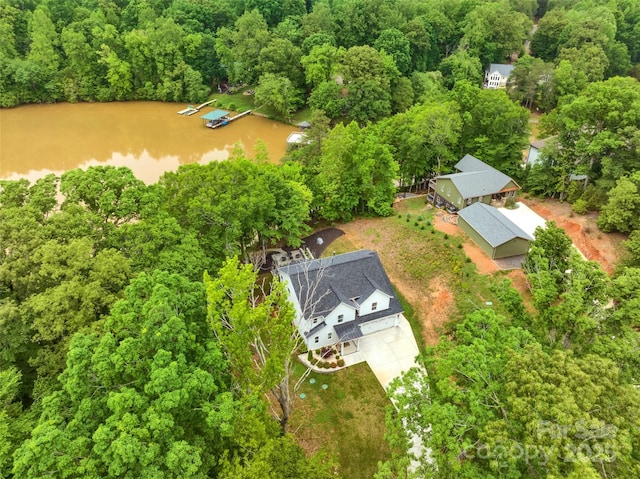aerial view with a water view and a view of trees
