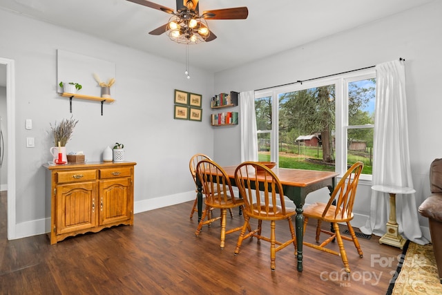 dining room with dark wood-style floors, ceiling fan, and baseboards