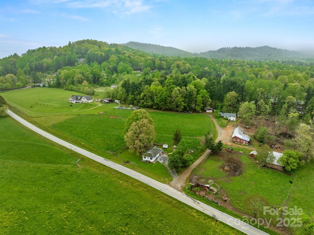 aerial view with a mountain view, a rural view, and a view of trees