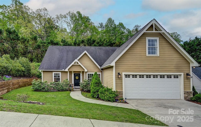 view of front of property with a shingled roof, a front lawn, stone siding, and concrete driveway