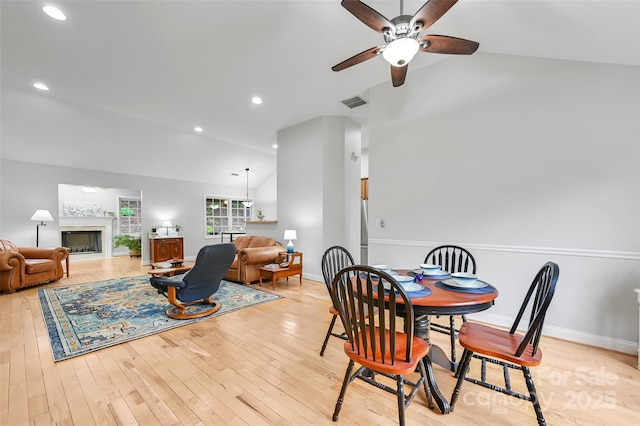 dining area featuring recessed lighting, baseboards, a ceiling fan, and light wood-type flooring