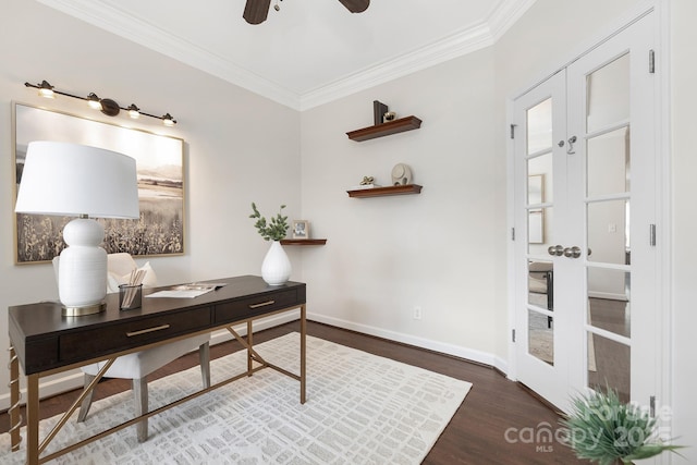 office space featuring baseboards, wood finished floors, a ceiling fan, and crown molding