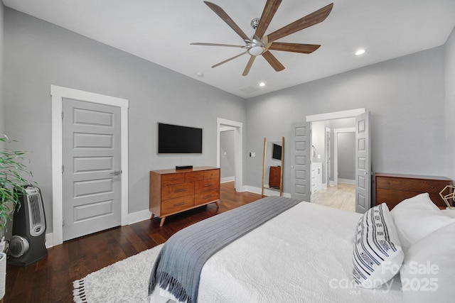 bedroom featuring baseboards, recessed lighting, wood finished floors, and a ceiling fan