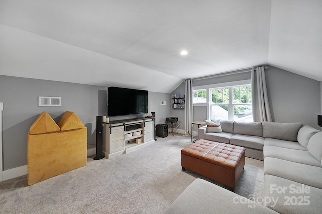 carpeted living room with recessed lighting, visible vents, vaulted ceiling, and baseboards