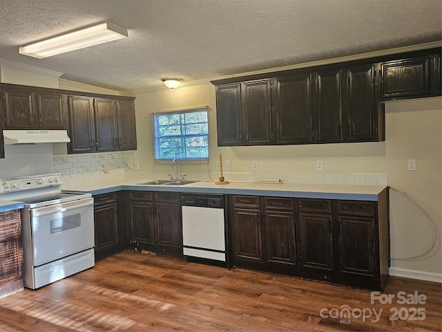 112 Thunder Rd, China Grove, NC 28023 - kitchen featuring a sink, a textured ceiling, white appliances, under cabinet range hood, and dark wood-style floors