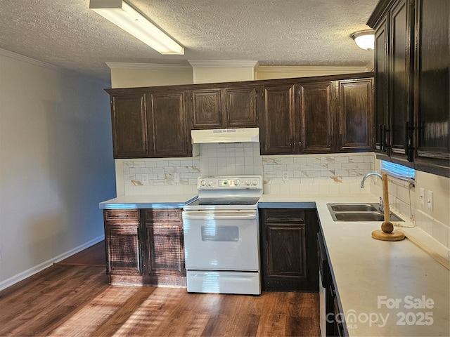 112 Thunder Rd, China Grove, NC 28023 - kitchen featuring under cabinet range hood, electric stove, a sink, a textured ceiling, and dark wood-style flooring
