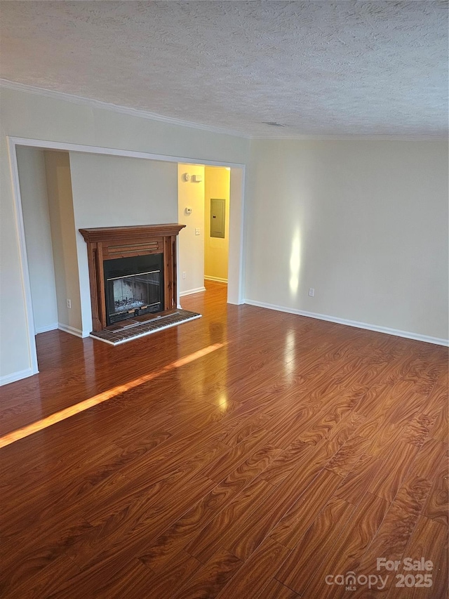 112 Thunder Rd, China Grove, NC 28023 - unfurnished living room with electric panel, baseboards, a textured ceiling, and a fireplace with raised hearth