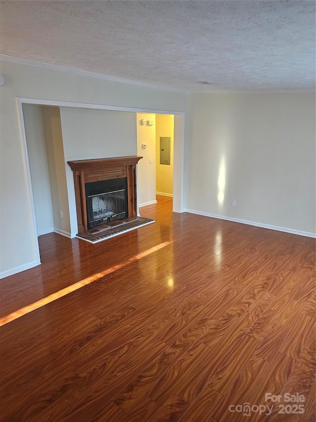 112 Thunder Rd, China Grove, NC 28023 - unfurnished living room featuring electric panel, a textured ceiling, baseboards, a fireplace with raised hearth, and wood finished floors