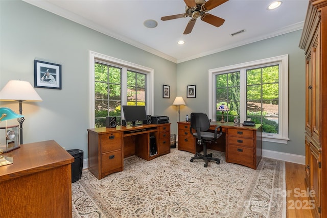 168 Chattooga Run, Hendersonville, NC 28739 - home office featuring healthy amount of natural light, ceiling fan, recessed lighting, crown molding, and baseboards