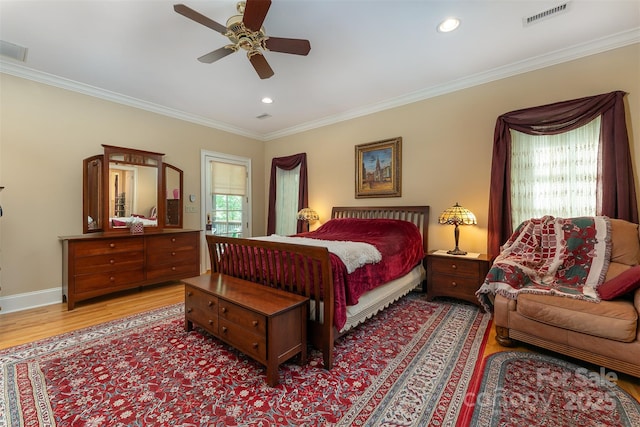 168 Chattooga Run, Hendersonville, NC 28739 - bedroom featuring wood finished floors, crown molding, recessed lighting, and ceiling fan