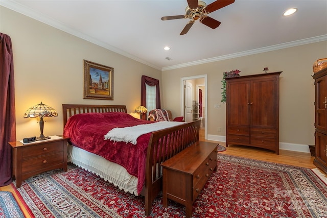 168 Chattooga Run, Hendersonville, NC 28739 - bedroom with crown molding, light wood-style flooring, recessed lighting, baseboards, and ceiling fan
