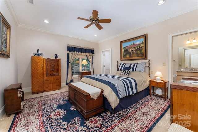 168 Chattooga Run, Hendersonville, NC 28739 - bedroom featuring crown molding, baseboards, recessed lighting, a ceiling fan, and ensuite bath