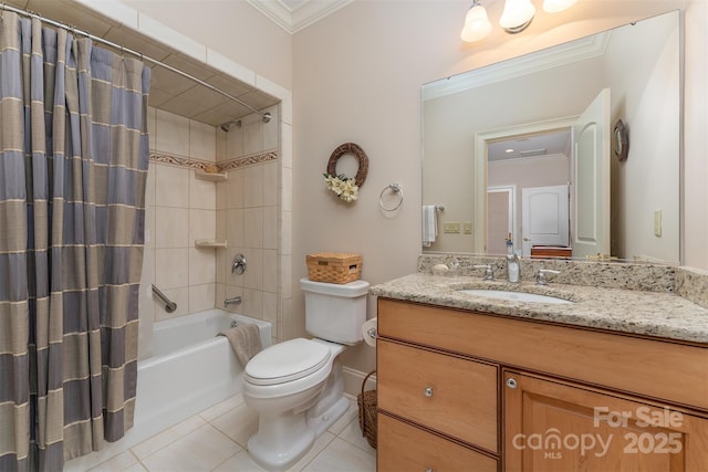 168 Chattooga Run, Hendersonville, NC 28739 - full bathroom with ornamental molding, tile patterned flooring, toilet, vanity, and shower / tub combo with curtain