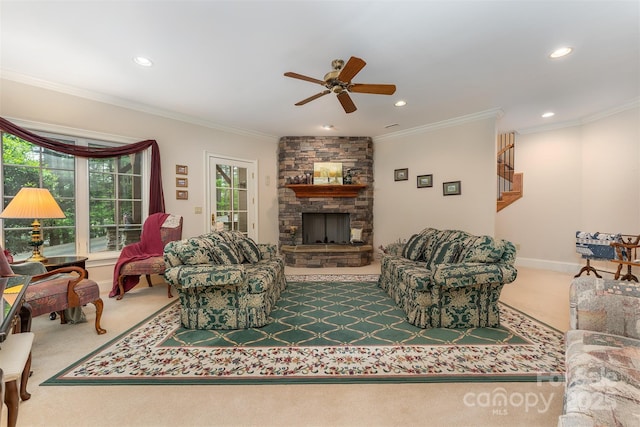 168 Chattooga Run, Hendersonville, NC 28739 - carpeted living area featuring a ceiling fan, ornamental molding, a fireplace, and recessed lighting