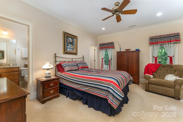 168 Chattooga Run, Hendersonville, NC 28739 - bedroom featuring light carpet, ornamental molding, connected bathroom, recessed lighting, and baseboards