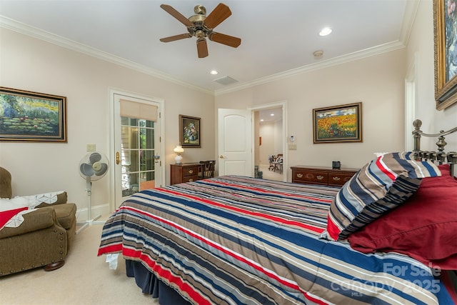 168 Chattooga Run, Hendersonville, NC 28739 - carpeted bedroom featuring access to exterior, ornamental molding, recessed lighting, ceiling fan, and baseboards