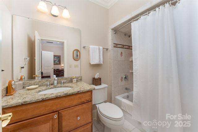 168 Chattooga Run, Hendersonville, NC 28739 - full bath with ornamental molding, shower / bath combination with curtain, toilet, vanity, and tile patterned flooring