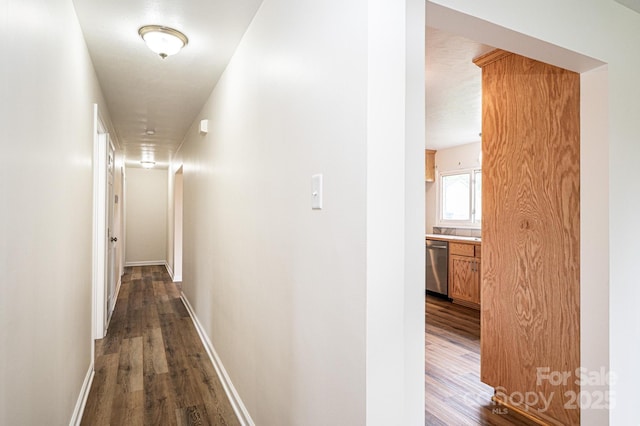 hall featuring baseboards and dark wood-style floors