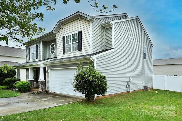 view of property exterior featuring driveway, a yard, a garage, and fence