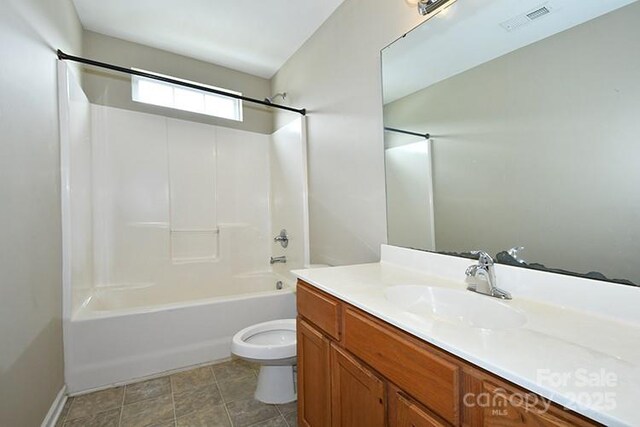 full bath featuring toilet, shower / washtub combination, visible vents, and vanity