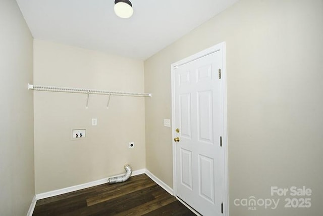 washroom with dark wood-style floors, laundry area, hookup for an electric dryer, hookup for a washing machine, and baseboards