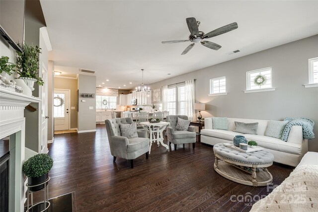 living room featuring visible vents, dark wood-style floors, ceiling fan with notable chandelier, and a fireplace