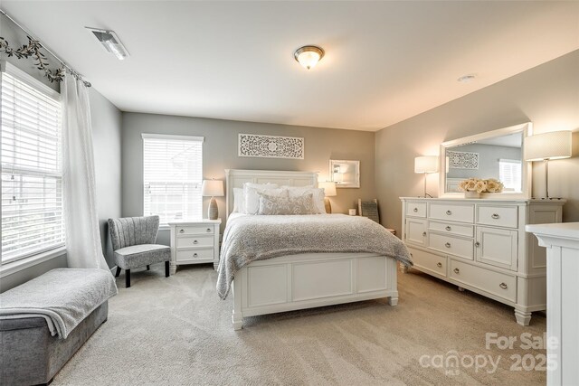 bedroom featuring light colored carpet
