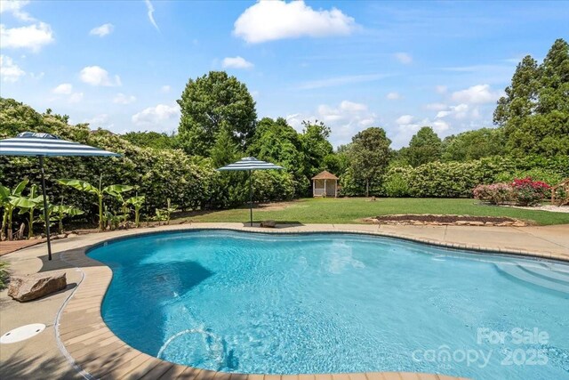 outdoor pool with a yard and view of wooded area