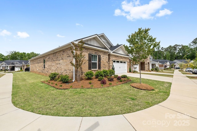 12705 Twilight Dr, Mint Hill, NC 28227 - view of side of home featuring board and batten siding, a yard, brick siding, concrete driveway, and an attached garage
