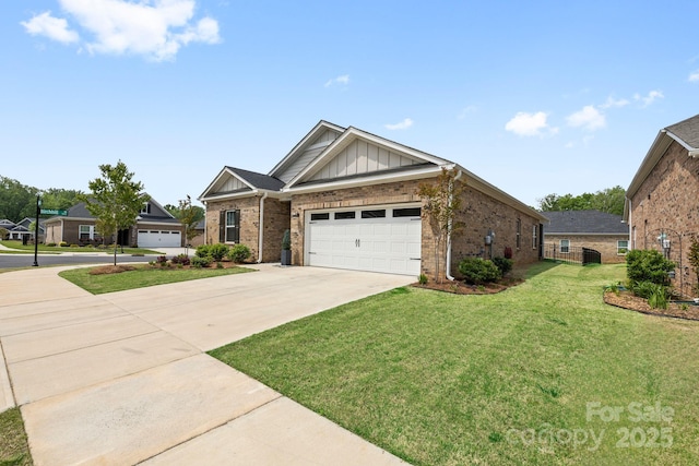 12705 Twilight Dr, Mint Hill, NC 28227 - view of front of home featuring a garage, a front yard, brick siding, board and batten siding, and concrete driveway