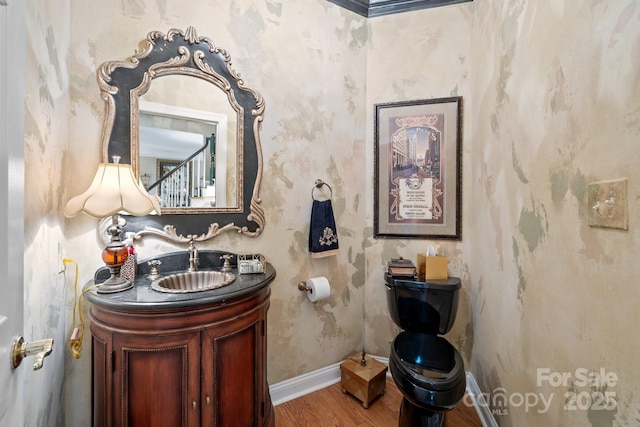 6914 Riesman Ln Unit 95, Charlotte, NC 28210 - half bathroom featuring wallpapered walls, wood finished floors, vanity, and baseboards