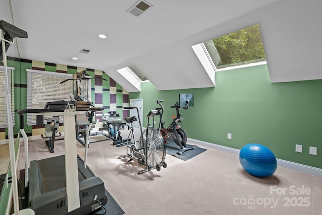 6914 Riesman Ln Unit 95, Charlotte, NC 28210 - workout room with baseboards, carpet floors, visible vents, and lofted ceiling with skylight