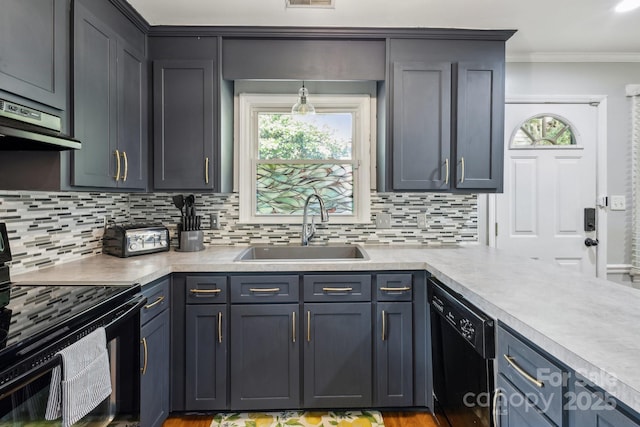 6412 Old Meadow Rd, Charlotte, NC 28227 - kitchen featuring black appliances, a sink, ornamental molding, tasteful backsplash, and light countertops