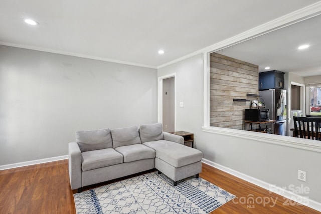 6412 Old Meadow Rd, Charlotte, NC 28227 - living area featuring baseboards, ornamental molding, wood finished floors, and recessed lighting