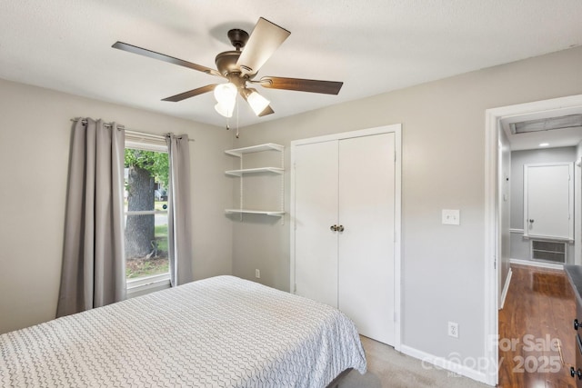 6412 Old Meadow Rd, Charlotte, NC 28227 - bedroom with a closet, a ceiling fan, attic access, and baseboards
