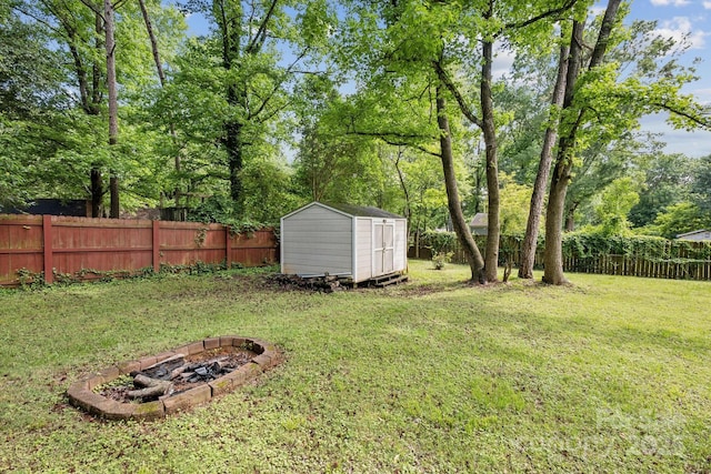 6412 Old Meadow Rd, Charlotte, NC 28227 - view of yard featuring a storage unit, a fire pit, and an outdoor structure