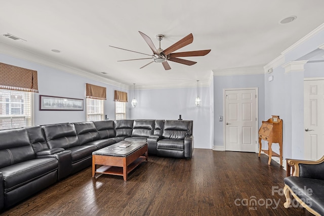 1948 Winpole Ln, Charlotte, NC 28273 - living room featuring ornamental molding, ceiling fan, wood finished floors, and visible vents