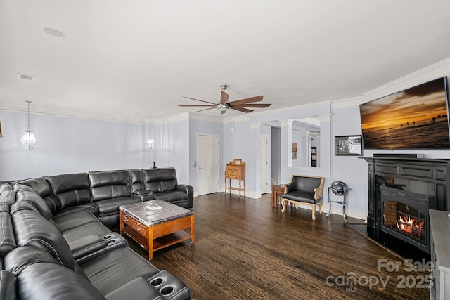1948 Winpole Ln, Charlotte, NC 28273 - living room with ornamental molding, a ceiling fan, decorative columns, and wood finished floors