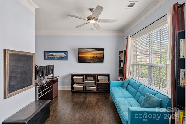 1948 Winpole Ln, Charlotte, NC 28273 - living area featuring wood finished floors, ornamental molding, ceiling fan, baseboards, and visible vents