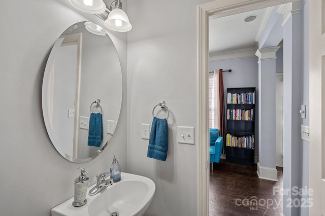 1948 Winpole Ln, Charlotte, NC 28273 - bathroom with a sink, baseboards, ornamental molding, ornate columns, and wood finished floors