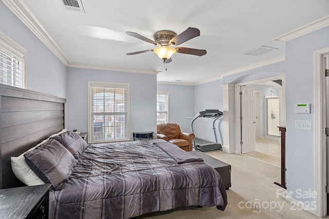 1948 Winpole Ln, Charlotte, NC 28273 - bedroom with carpet flooring, a ceiling fan, visible vents, and ornamental molding