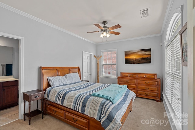 1948 Winpole Ln, Charlotte, NC 28273 - bedroom with light carpet, crown molding, and a ceiling fan