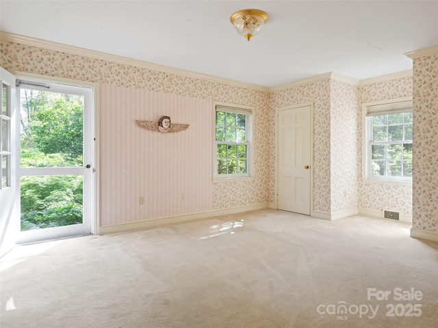 10 Stuyvesant Rd, Asheville, NC 28803 - spare room featuring wallpapered walls, carpet, crown molding, and baseboards