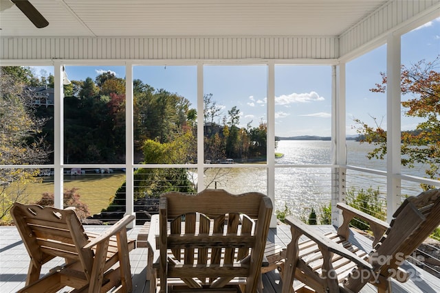4950 Canterbury Pl, Morganton, NC 28655 - sunroom / solarium featuring a ceiling fan and a water view