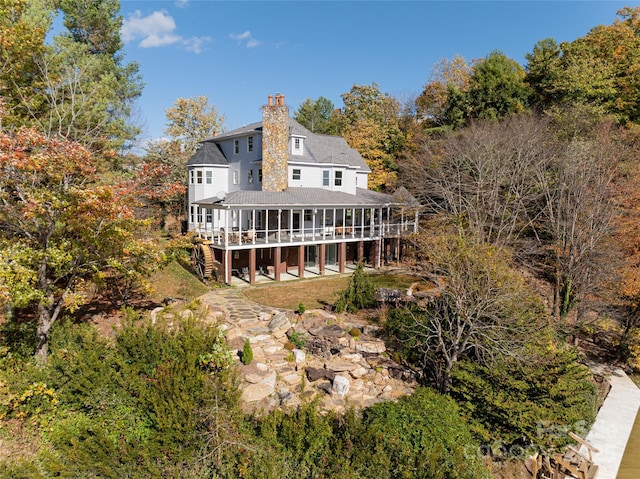 4950 Canterbury Pl, Morganton, NC 28655 - back of house with a chimney, stairway, a wooden deck, and a shingled roof